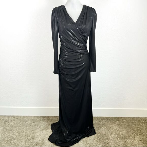 DKNY Shiny Black Wet Look Side Ruched Long V-neck Surplice Dress Size 6 NWT - Picture 1 of 16